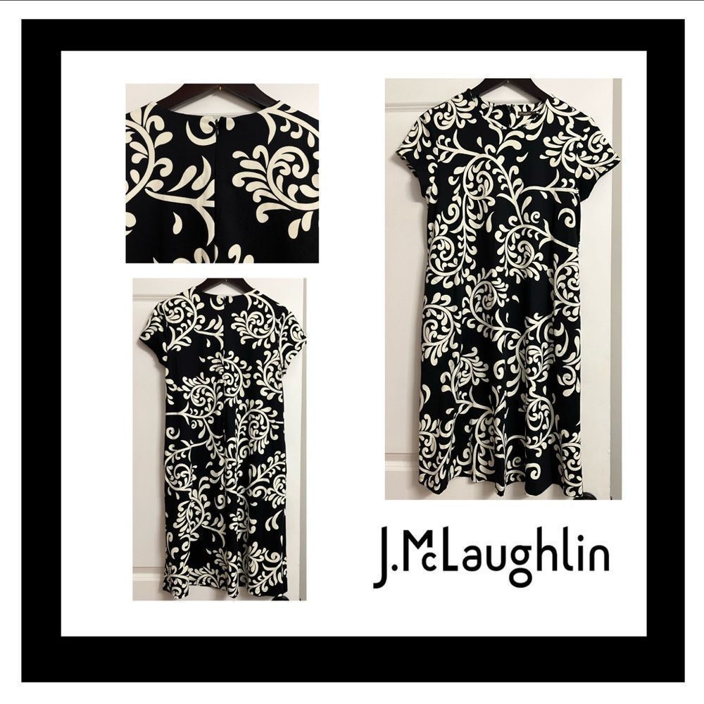 J. McLaughlin Black and Cream Patterned Silky Stretchy Cap Sleeve Dress Size S